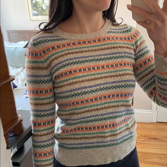 Women's Beige 100% Wool Crewneck Sweater with Orange & Green Stripes - Picture 5 of 5